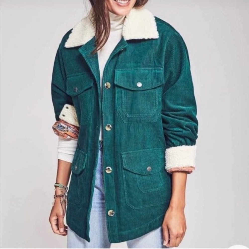 Faherty Muriel Green Corduroy Teddy Button Front Jacket